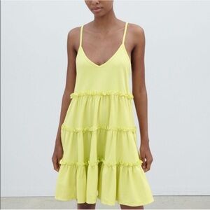 Zara Bright Yellow / Lime Green Ruffled Tiered Midi Dress, small